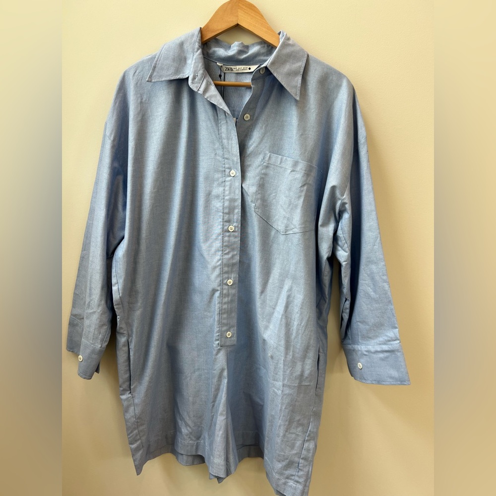 ZARA NWT long sleeve button up romper in light blue size small